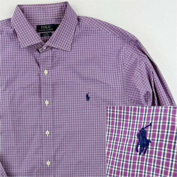 POLO RALPH LAUREN Slim Fit Easy Care Dress Shirt Size 18/36 Pink Plaid - Picture 1 of 9
